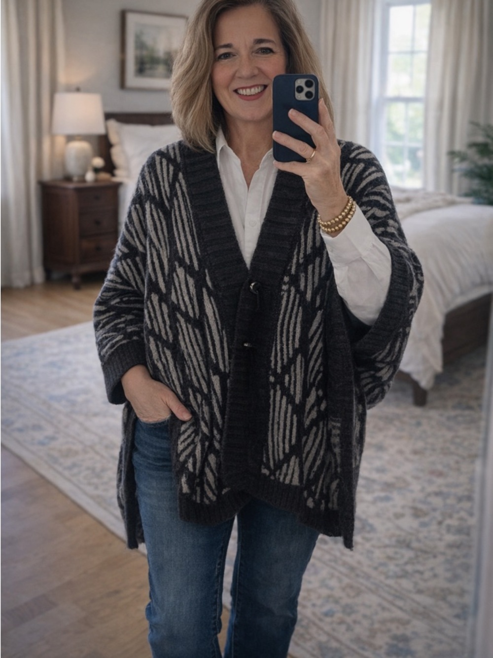 White + Warren Open Knit Cardigan Sweater – Size M| Unique Pin Closure